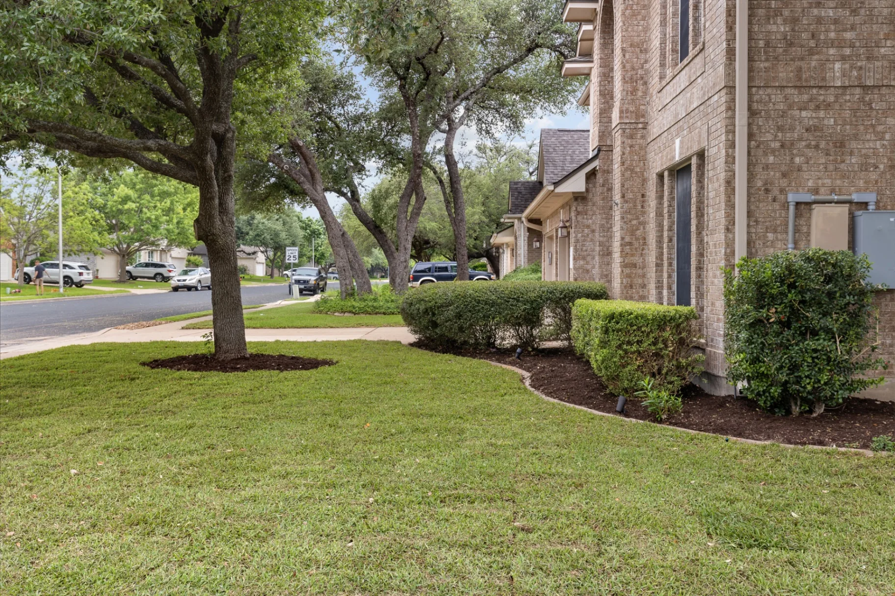Tree-lined street view of the property
