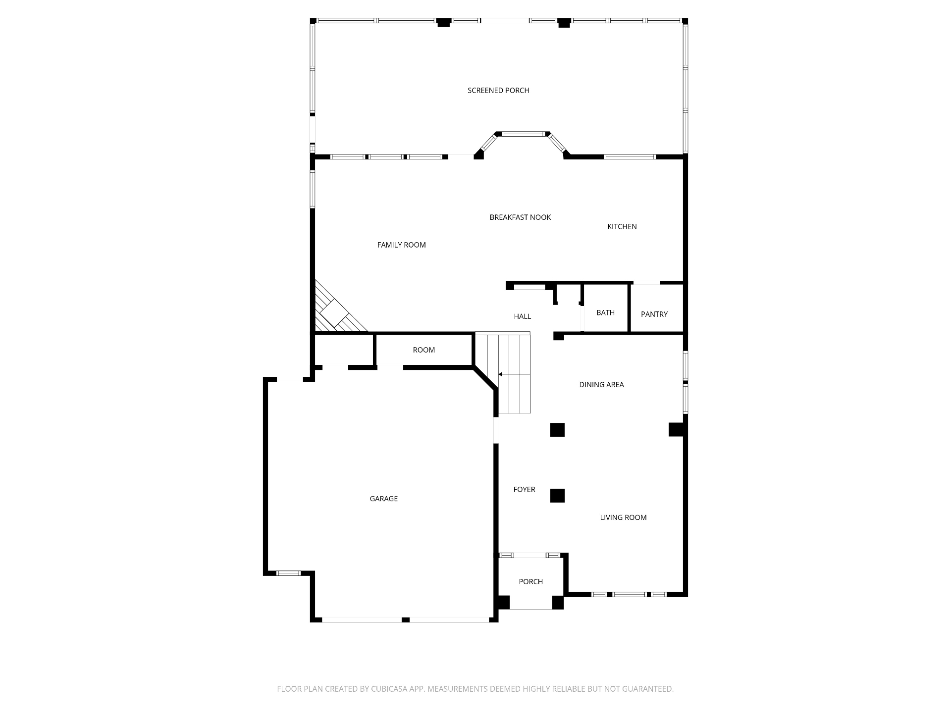 First floor plan: family room, kitchen, breakfast nook, dining, living, foyer, garage, screened porch